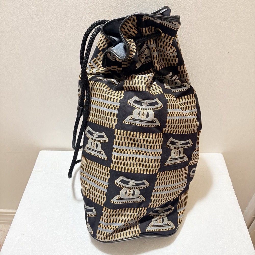African Print Drawstring Bucket Backpack Black Gold Fabric Travel Festival Bag